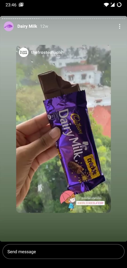 Story of Dairy milk chocolate on Instagram being tagged by a fan account