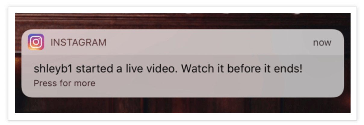 Instagram notification for the begining of a live video